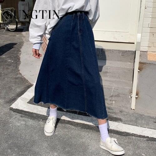 Sungtin Loose Long Denim Skirts Womens Casual Jean Skirts Womens Plus Size Solid 4XL Vintage Skirt 2021 Korean Designer Skirt