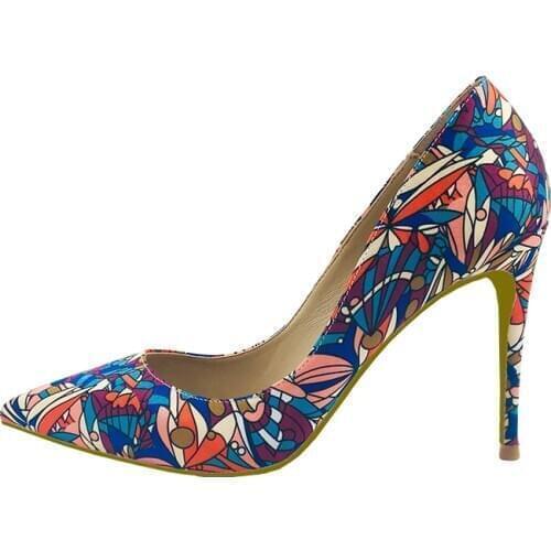 Big Size 34-45 Colorful Print Fabric Pointy Toe Classical Design Shallow Women Pumps High Heels Shoes