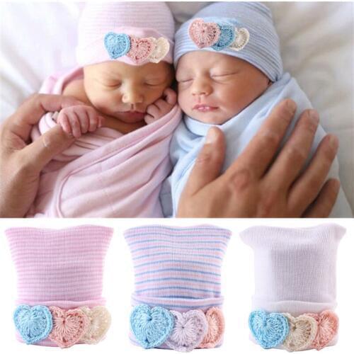 Crochet Baby Newborn Cotton Hat Bonnet Spring Autumn Infant Boy Girl Hat With Heart Appliqued Bebe Headwear Accessories