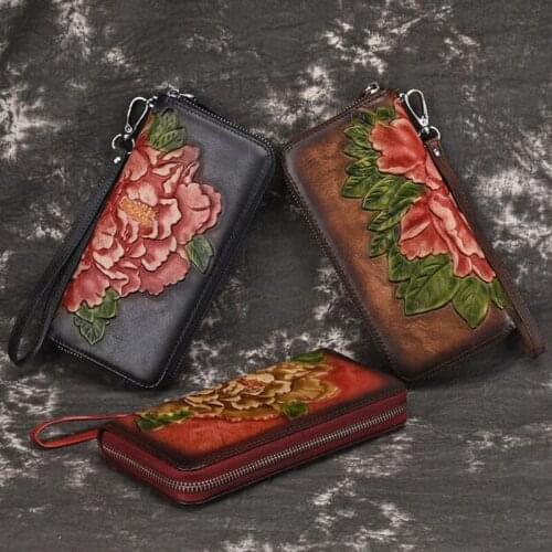 Genuine Leather Clutch Bag for Women Wallets Vintage Cowhide Embossed Money Bag ID/Credit Card Holder Handy Clutch Wallet