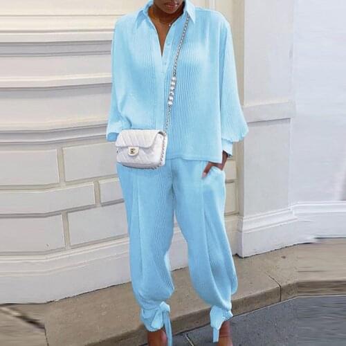 2021 Autumn Pure Screw Thread Women Sets Clothes Spring Turn-down Collar Button Blouse Pullover and Long Pants Suit Casual 2pcs