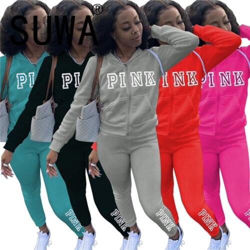 Pink Letter Print Women Set Sporty Long Sleeve 2 Pieces Tops And Long Pant Suit Female Clothes Set Tracksuits