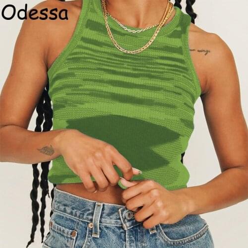 Odessa Green Tie Dye Knit Sleeveless Crop Top Fashion Y2K Sexy O Neck Women Sleeveless Stripe Blue Short Tank Tops 2021 Summer