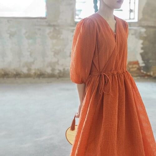 Johnature Women Bandage Orange Dresses Original High Waist Robes V-Neck Pile Up Sleeve Clothes 2021 Autumn New Loose Dresses