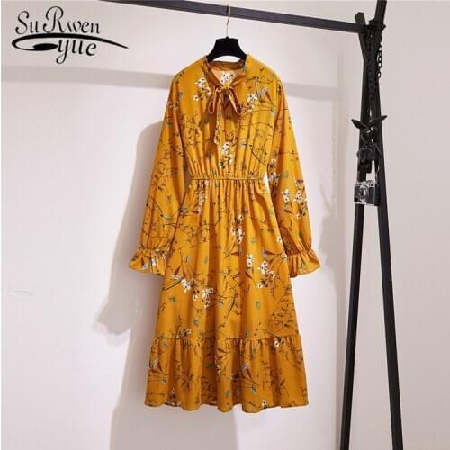 Robe 2021 Spring New Long Sleeve Vintage Floral Chiffon Dress Elegant Bow High Waist Pleated Maxi Dress Summer Dress 8824 50