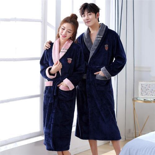 Navy Blue Home Clothing Winter Intimate Lingerie Home Dressing Gown Solid Colour Home Clothing Coral Fleece V-neck Robe