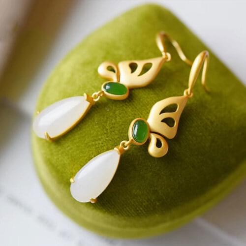 Fairy Style Elegant Hetian Jade Butterfly Earrings Womens Sterling Silver Jasper White Jade Water Drop Earrings Long Jade Earri