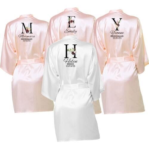 Short Style Custom Flower Print Personalized Name Date Bride Robe Kimono Satin Women Bridesmaid Team Bride Gift Robes