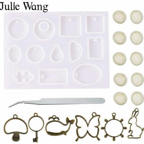 Julie Wang 18PCS Silicone Cabochon Molds Set Alloy Hollow Charms Tweezers Finger Sleeve Epoxy Casting Mould Jewelry Making Tool