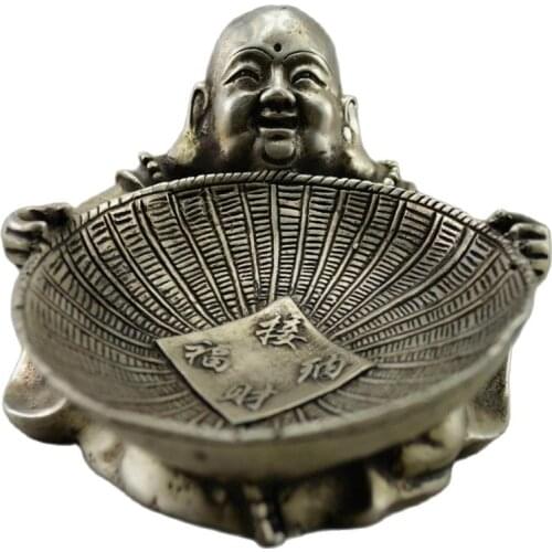 Collectible Decorate Old Handwork Tibet Silver Carved Buddha Hold Dustpan Statue