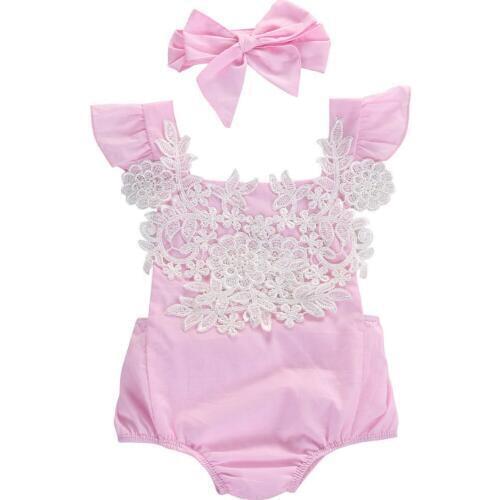 Lace Baby Bodysuit Summer Cute Infant Baby Girls Lace Floral Bodysuit Jumpsuit Headband Outfits Girl Set Baby Girl Clothes 0-18M