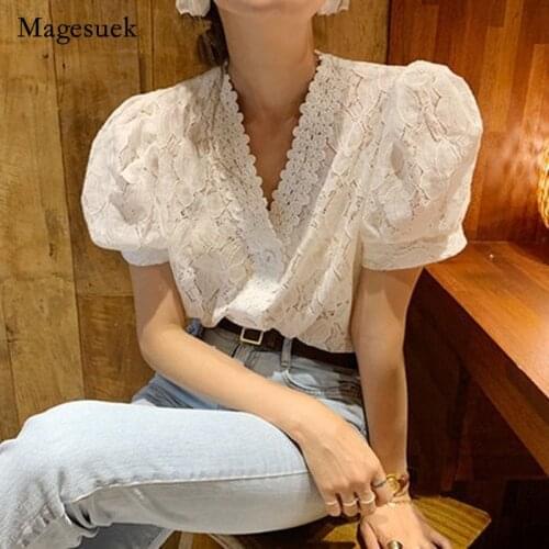 Korean Style Sweet Blouse 2021 Summer Lace Bubble Sleeve Tops Women V-neck Short Sleeve Shirt Elegant Women Tops Blusas 13758