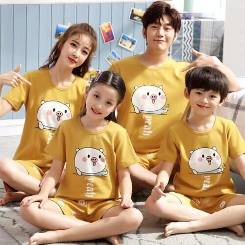 2021 New Cute Cartoon Parent-Child Pajamas For Boys Girls Children Pure Cotton Sweet Summer Home Wear Tracksuit Kids Clothes
