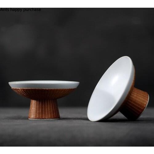 Handmade Woven Wooden Base Ceramic Plate Tall Feet Refreshment Tray Dessert Plate Cake Pan Snack Plates Fruit Salad Bowl Dishes