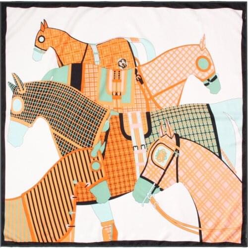 POBING Manual Hand Rolled Twill Silk Scarf Women Four Horse Print Square Scarves Echarpes Foulards Femme Wrap Bandana Hijab 90CM