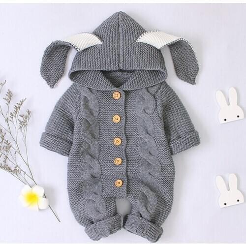 Baby Girl Sweaters Rompers Wool Knitting Newborn Infant Baby Girl Boy Winter Warm Coat Knit Outwear 3D Ear Hooded Jumpsuit