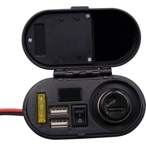 Waterproof Motorcycle Cigarette Lighter Dual USB Charger & Switch & Clock