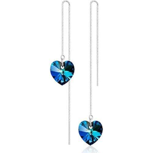 Women Heart Crystal Long Dangle Earrings For Wedding Jewelry 925 Sterling Silver Ear Line Party Brincos Bijoux