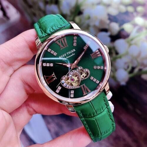 Reef Tiger/RT 2021 New Design Fashion Ladies Watch Rose Gold Green Dial Mechanical Watch Leather Band Montre Femme RGA1580