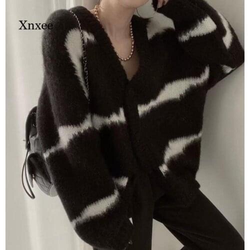 2021 Striped Cardigan Sweater Korean Style Jacket Women Loose and Lazy Outer Wear Color Matching V-Neck Sweater Trend Clothing