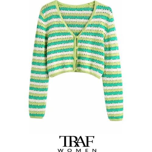 TRAF Za Women Fashion With Striped Cropped Knit Cardigan Sweater Vintage Long Sleeve Button-up Female Outerwear Chic Tops