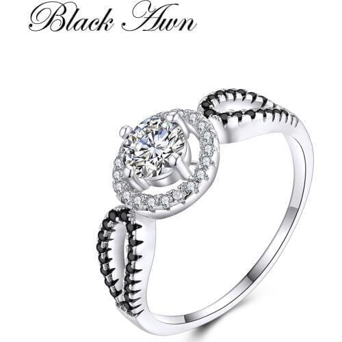 [BLACK AWN] Genuine 100% 925 Sterling Silver Jewelry Black&White Stone Engagement Rings for Women Femme Ring C244