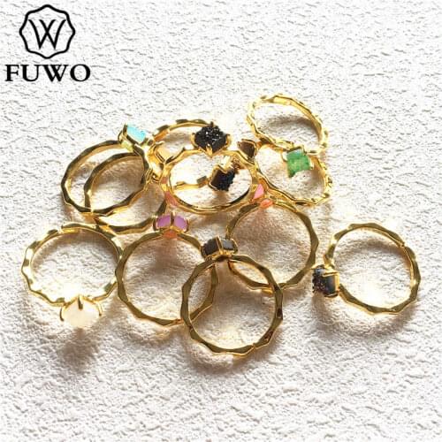 FUWO Square Aura Druzy Ring With 24K Gold Filled Minimalist design Raw Druzy Rings For Women Adjustable Size RG017
