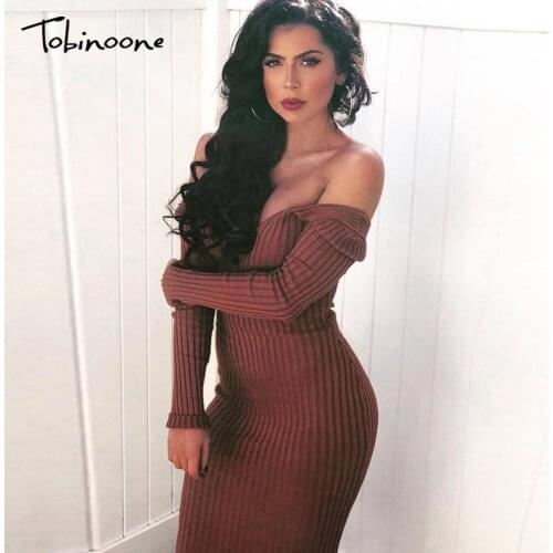 Tobinoone Off Shoulder Knitting Cotton Party Sexy Dress Women Backless Bodycon Dresses Full Sleeve Night Club Long Vestidos