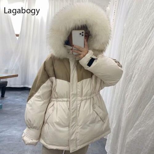 Lagabogy 2021 Winter Women 90% White Duck Down Short Parkas Female Sash Tie Up Snow Coat Loose Warm Jackets Big Real Raccon Fur