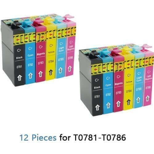 12Pcs Compatible bInk cartridge T0781 T0782 T0783 T0784 T0785 T0786 for EPSON Stylus Photo R260 R280 R380 RX580 595 680 Printers