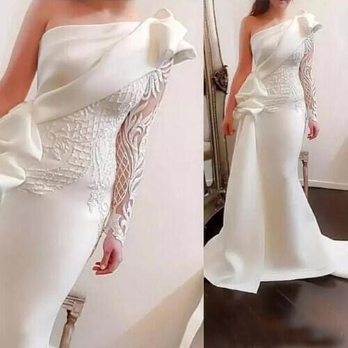 Платье One Shoulder Mermaid Long Party Prom Dresses 2020 Long Sleeves Satin Ruched Ruffles Applique Sweep Train Formal Evening