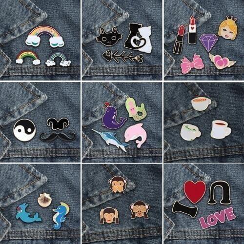 3-6pcs Set Rainbow Cat Cup Fish Brooches Pins Set Enamel Pin Badge For Women Love Monkey Lipstick Jackets Lapel Pin Jewelry Gift