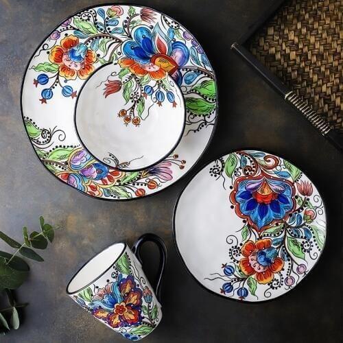 EECAMAIL American Country Hand-painted Ceramic Tableware Western Dish Steak Plate Salad Plate Snack Plate Plate Dish Underglaze
