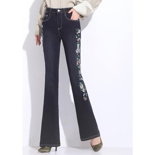 FERZIGE Jeans Women Casual Trousers High Waisted Flare Pants Skinny Slim Fit Stretch Embroidery Pants Femme Large Size 36