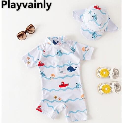 2021 Baby Boys Swimming Wear white Caroon One Piece Swimsuits with Hat Children Fashion Swimwear E71435