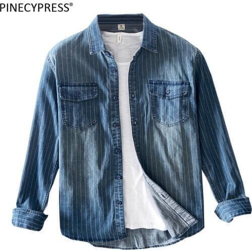 100% Cotton Man Denim Shirt Thick Spring Autumn Long Sleeve Male Striped Fashion Pockets Blue Men Jean Casual Cowboy Shirts