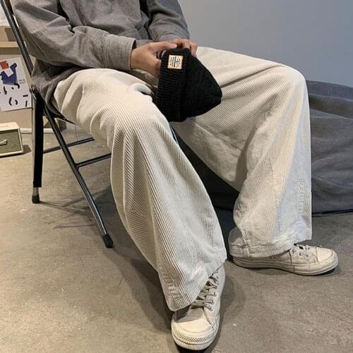 Winter khaki corduroy trousers for men, vintage oversize wide-leg trousers with salt straight leg high street INS slacks