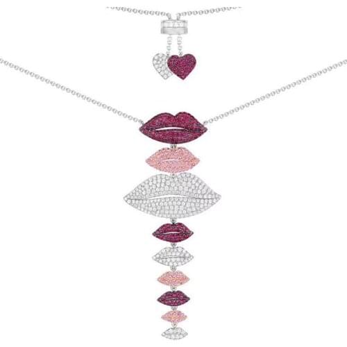 SLJELY 925 Sterling Silver Red Pink White Zirconia Multicolor Lips Necklace Double Hearts Ending Women Yao Chen Fine Jewelry