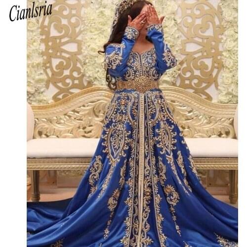 Luxury Morrocan Caftan Evening Dresses Royal Blue Long Sleeve Crystal Beaded Muslim Prom Dress 2021 Plus Size A Line Formal Gown