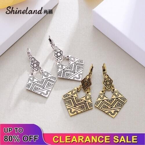 Shineland Vintage Charm Geometric Metal Carved Drop Dangle Earrings for Women Cheap Statement Fashion Jewelry Wholesale Gift