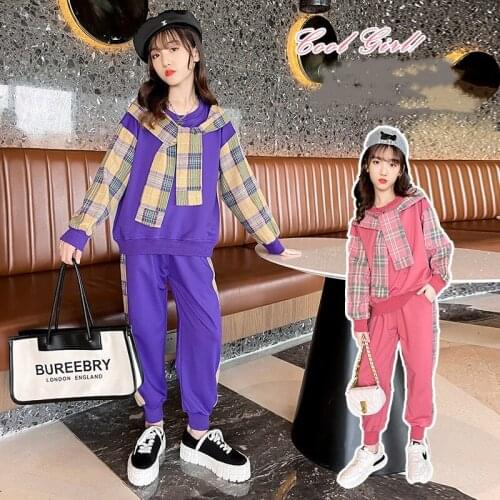 Girls Sport Suits Children Clothing Sets Spring Autumn Kids Hoodies+Pants Fashion Casual Tracksuit Teenage Plaid Outfits 4-14 Y