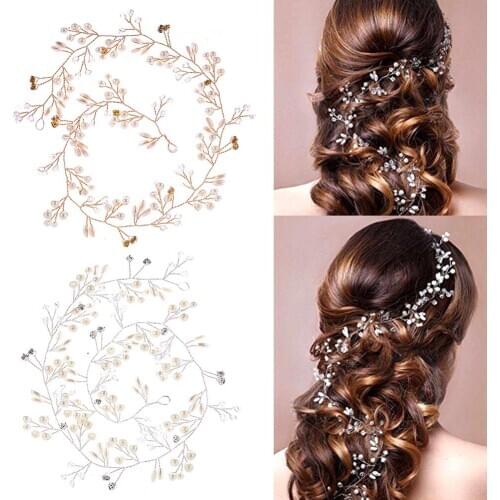 50cm Faux Pearls Rhinestones Bride Hair Vine Headpiece Headband Bridal Accessory