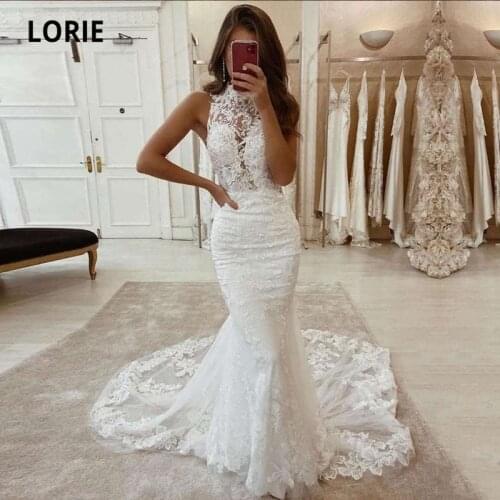 LORIE Boho Wedding Dresses Mermaid High Neck Appliques Lace Custom Made Luxury Wedding Gown Custom Made Bride Dress 2021