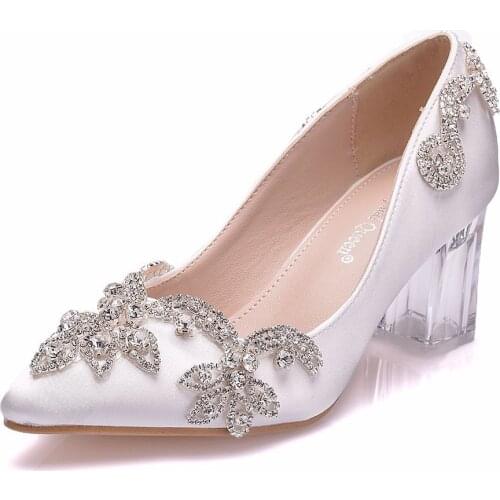 Sexy High Heels Crystal Pumps Luxury Satin Silk Square Heel Wedding Shoes Bride Christmas Evening Party Rhinestone wedding shoes