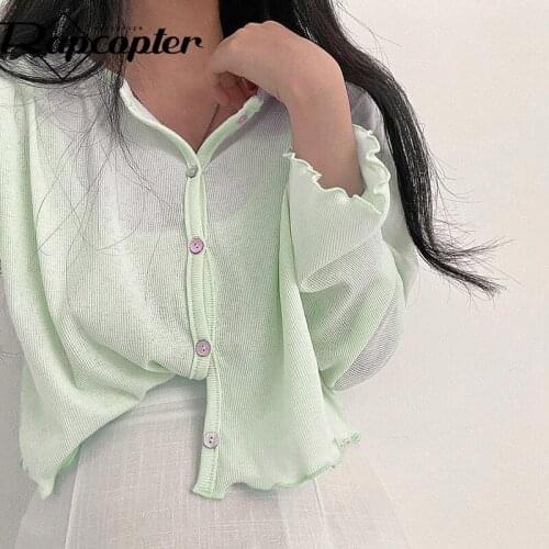 Y2k 2021 New Cardigans Solid Basic Tshirt Single Breasted Long Sleeve Knitted Tee Women Korean Streetwear Transparent Crop Top