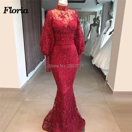 New Dubai Red Mermaid Women Evening Dresses Couture Arabic Islamic Prom Dress Middle East African Formal Party Gowns Kaftan 2019