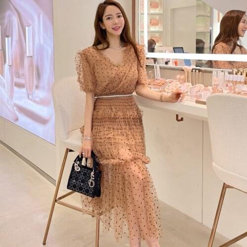 Fashion Summer Korean Vintage Princess Sleeve Long Party Dress Ladies Elegant Robe Casual Streetwear V-Neck Dot Mesh Beach Dress