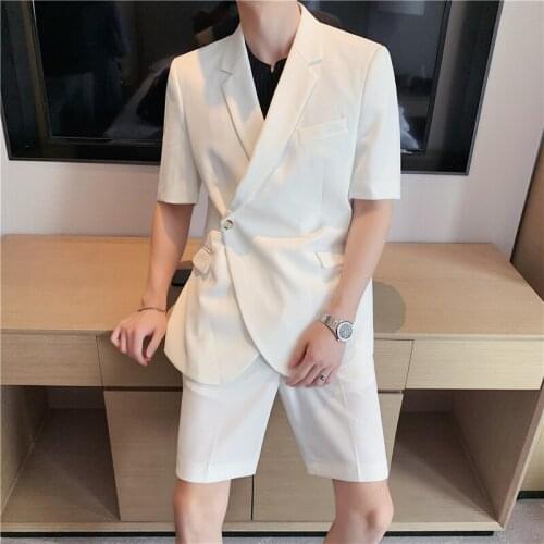 2021 Yuppie British Style Unique Design Shorts Sleeve Suit Coat Men Fashion Loose Suit 2 piece Suit Summer Men Tuxedo Suit