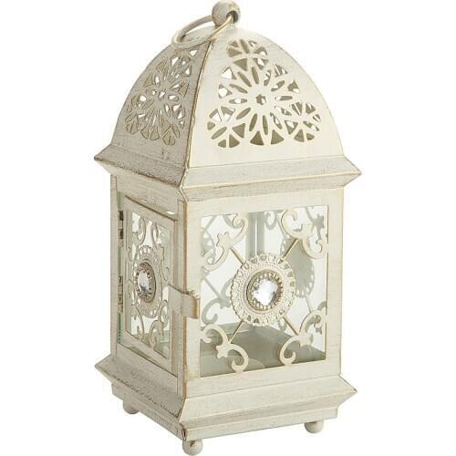 Large Size Moroccan Accents Lattice Antique Gold White With Clear Acrylic Stones Jeweled Home Decor Iron Glass Candle Lantern