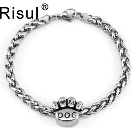Stainless Steel Risul I love my dog Mens Braid Wheat dog paw bracelet 5mm width wristband bangle HighQuality Wholesale